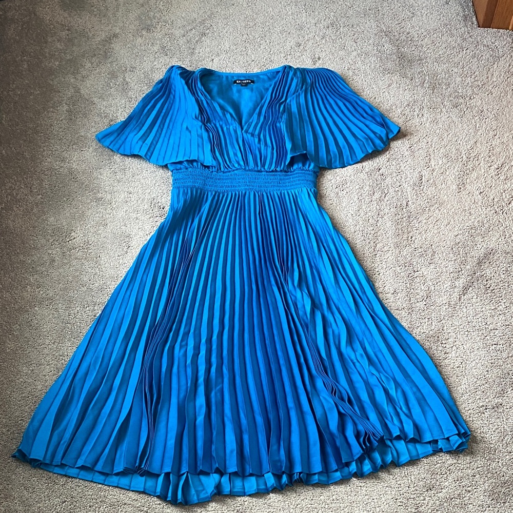 Express Teal Blue Pleated Flutter Sleeve Midi Dress SIZE XS